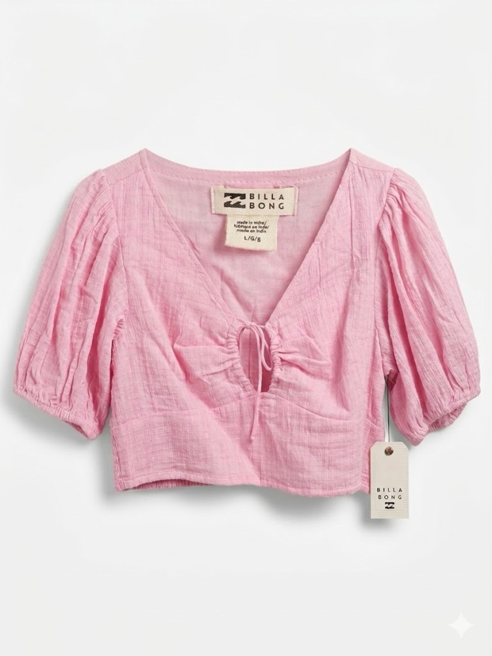 Billabong Light Pink Puff-Sleeve Tie-Front Crop Top